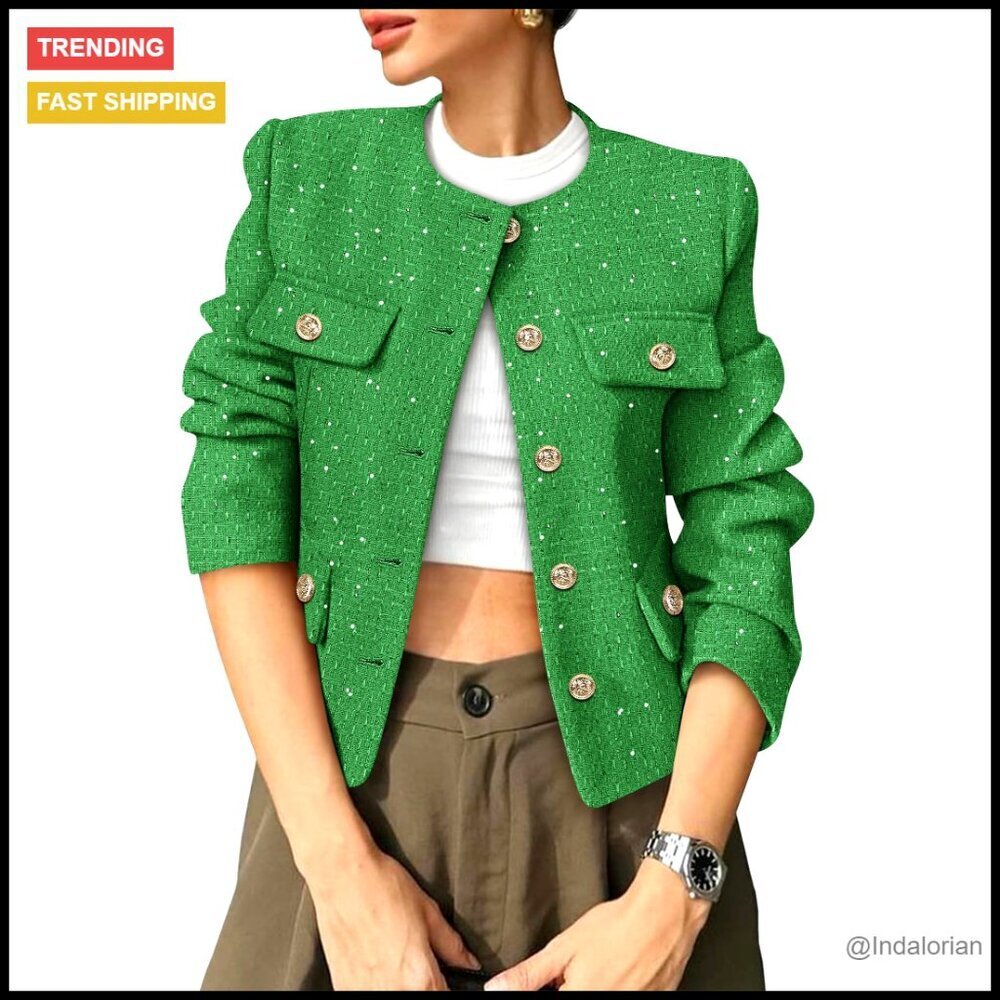 Tweed Blazer Collarless Cropped Jacket Button Down Sequin Chic Fall Casual